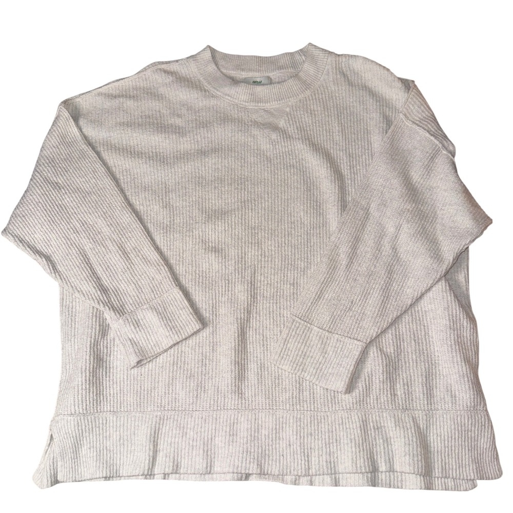 Aerie Crewneck Sweater Large Gray Ribbed Knit Oversized‎ Pullover Side Slit